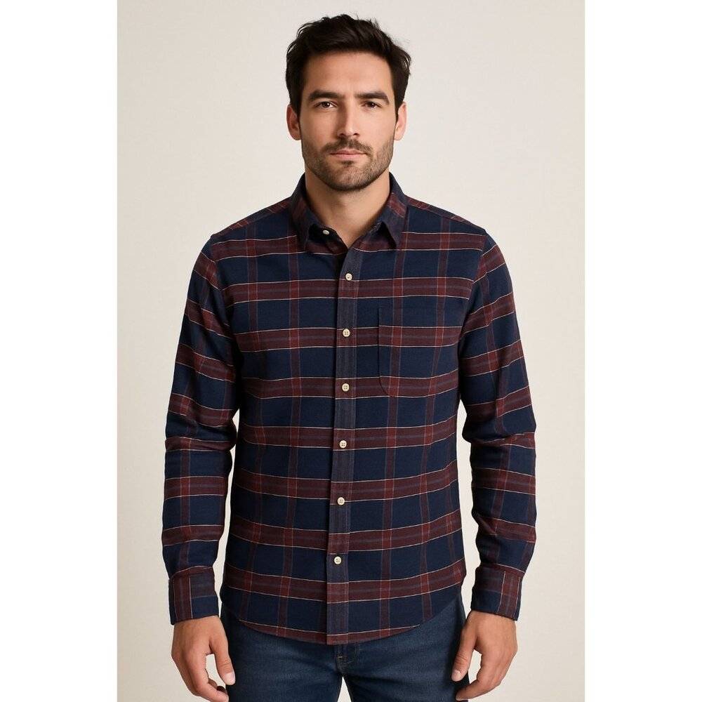 UNTUCKit Dark Blue Plaid Cotton Flannel Shirt Men Large Preppy Rugged Masculine